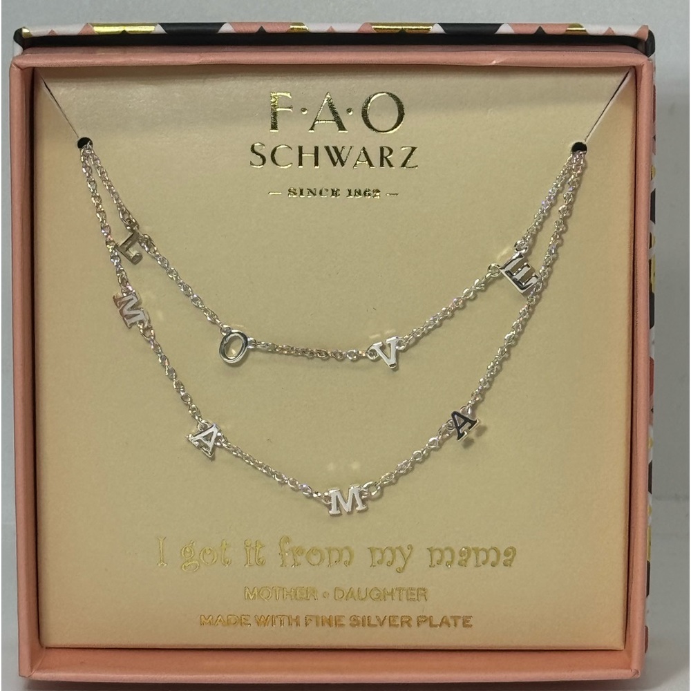 FAO Schwarz Fine Silver Plate 2Pc “LOVE” and “MAMA” Necklace Set